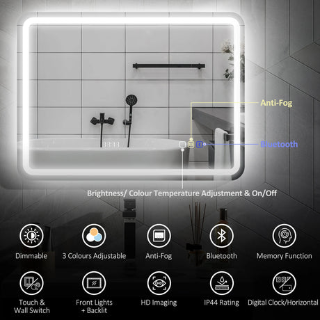 HOMCOM 80 x 60 cm Bluetooth Bathroom Mirror - Silver-Tone