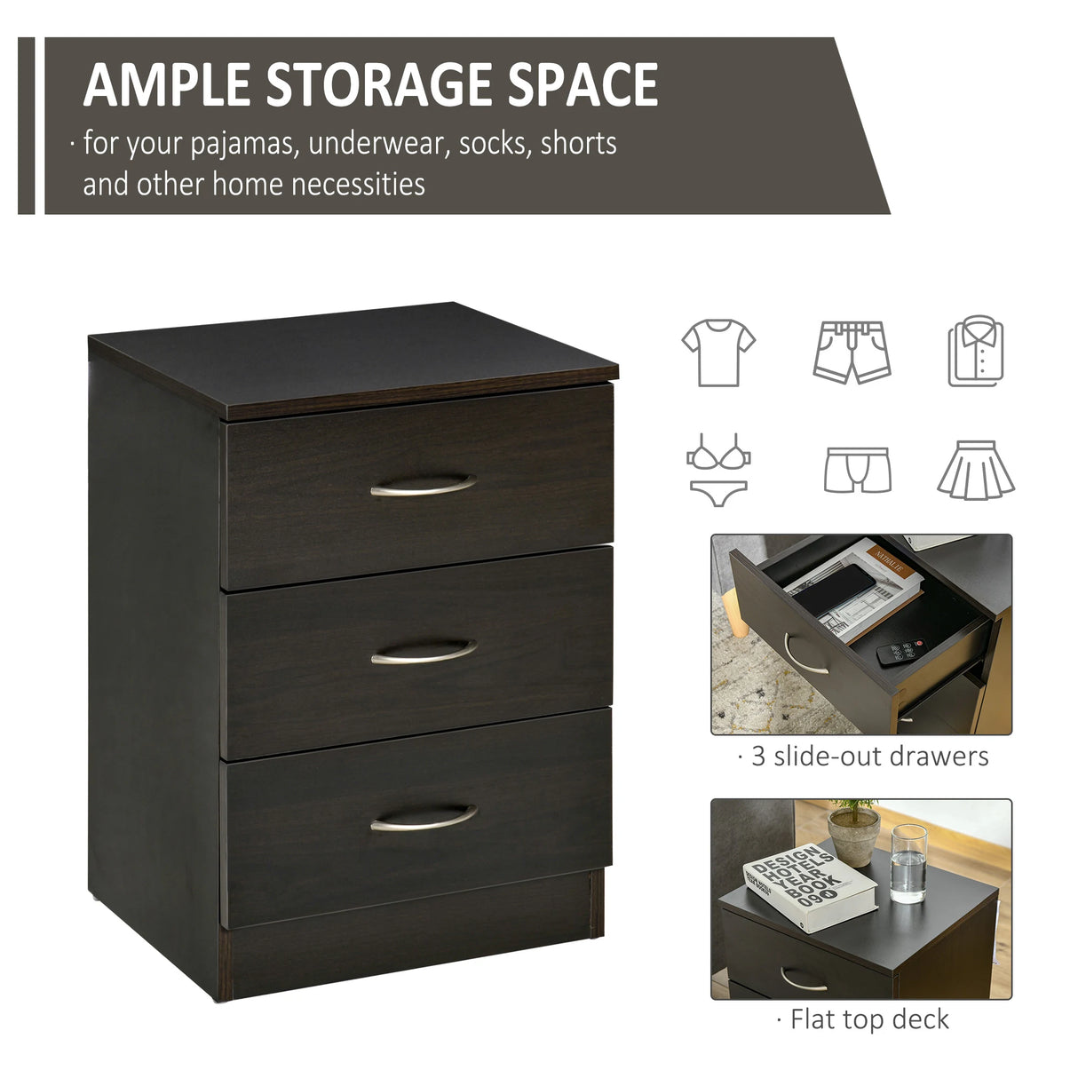 HOMCOM Bedside Cabinet with Drawer and Shelf, White Bedside Table for Bedroom, Living Room, Nightstand Side Table with Metal Rail Set of 2