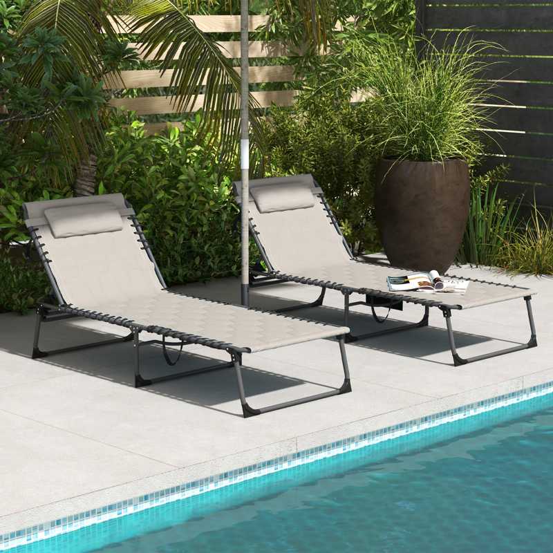 Outsunny Set of Two Sun Loungers, with Five-Position Reclining Backs - Khaki