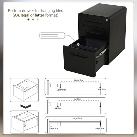 Vinsetto Lockable File Cabinet with 3 Drawers, Vertical Office Drawer for A4, Letter, Legal Size, Anti-tilt Design, Pre-Assembled Body, Black