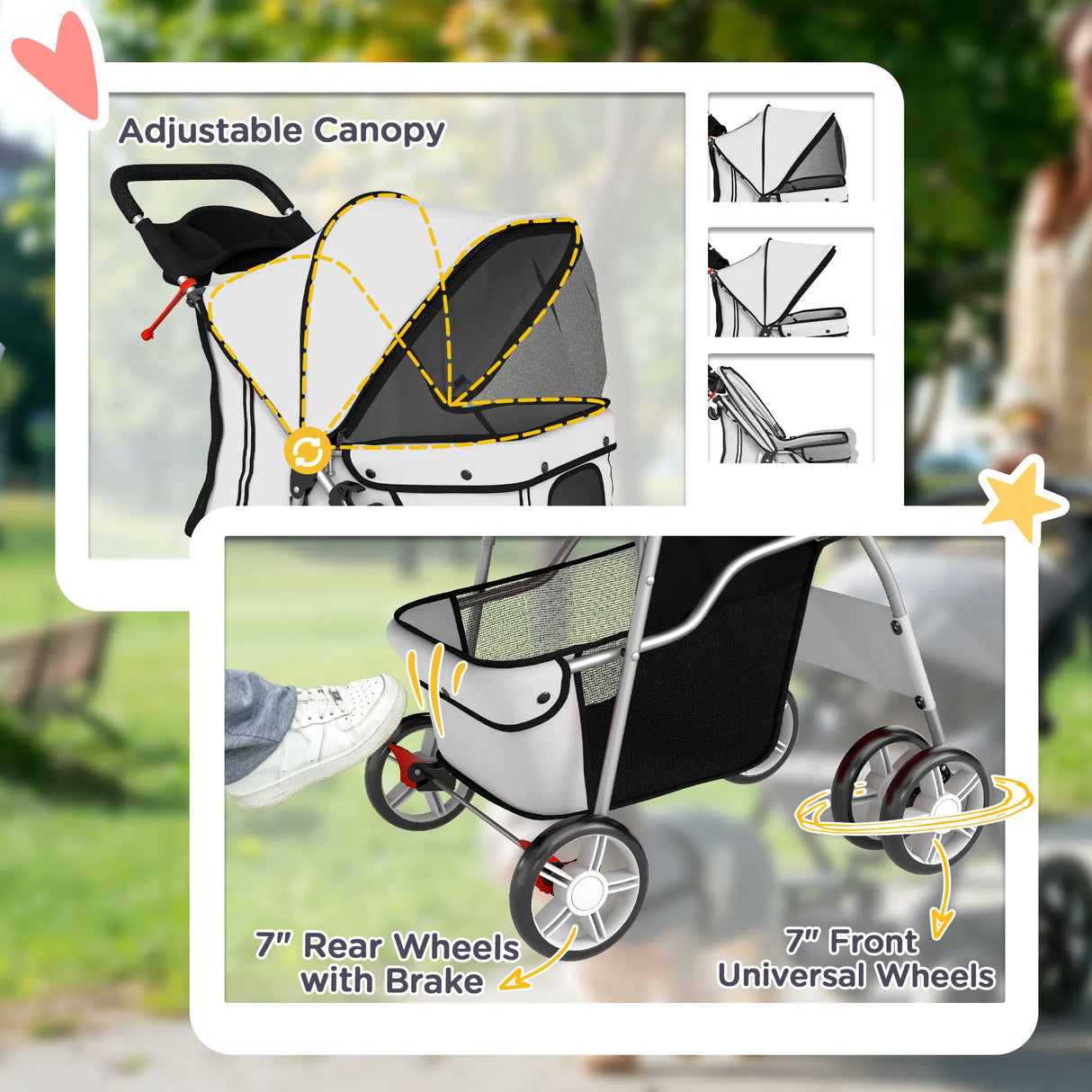 PawHut Dog Pram, Pet Stroller with Reflective Strips, Foldable Cat Stroller with 360 Swivel Wheels, Grey