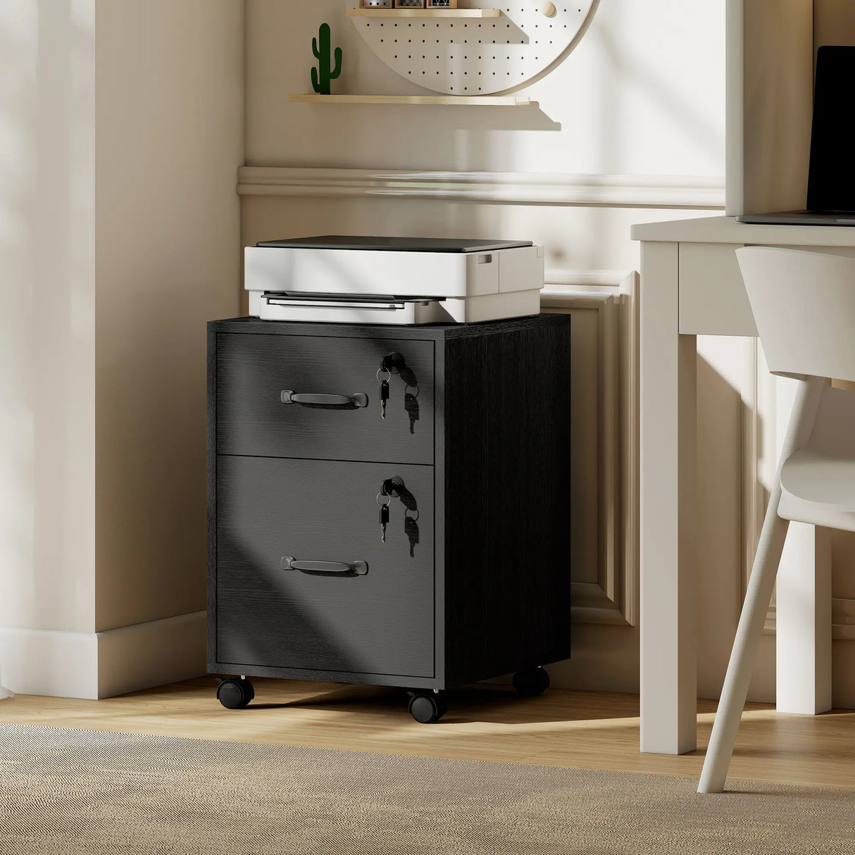 HOMCOM Rolling File Cabinet with 2 Drawers, Mobile Filing Cabinet with Hanging File Folder for Letter Sized Documents, Black