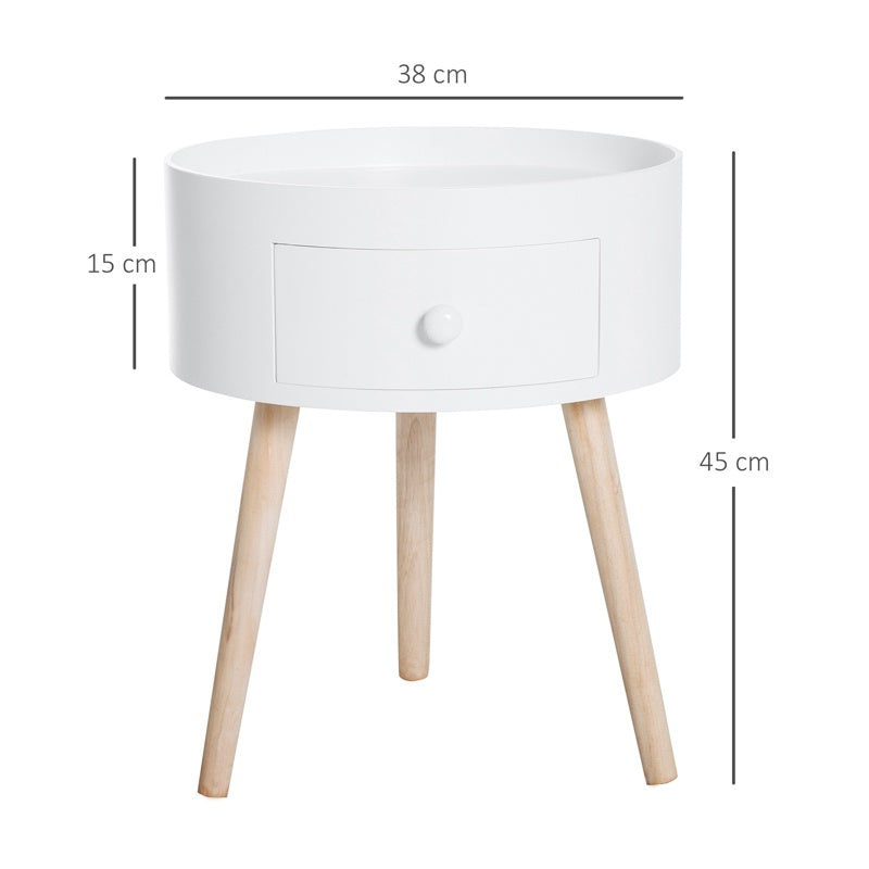 HOMCOM Modern Side Table, Small Coffee Table, Round Bedside Table with Drawer and Wood Legs for Living Room, Bedroom, White