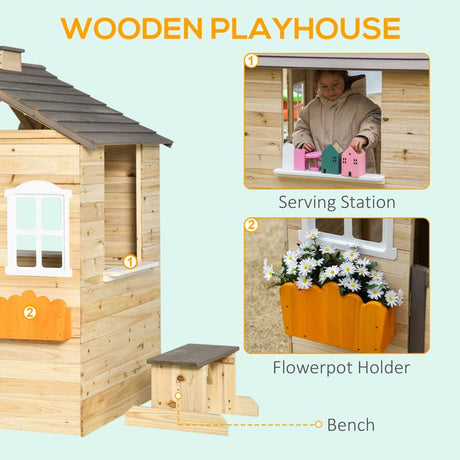 Outsunny Wooden Playhouse for Kids Outdoor Wendy House with Door, windows, Bench, Service Stations, Flowerpot Holder, For Ages 3-7 Years