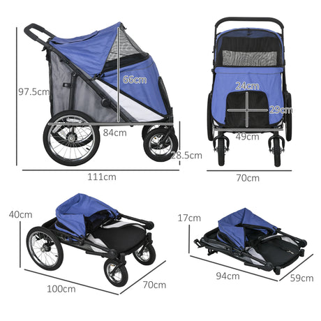 PawHut Foldable Pet Stroller, with Washable Cushion, Storage Bags, Safety Leash, for Medium, Large Dogs, Cats - Blue