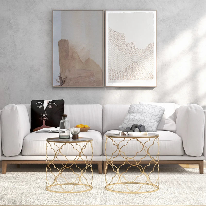HOMCOM Nesting Tables Set of 2, Modern Stacking Side End Table with Tempered Glass Top, Metal Frame for Living Room Bedroom Office, Gold Tone