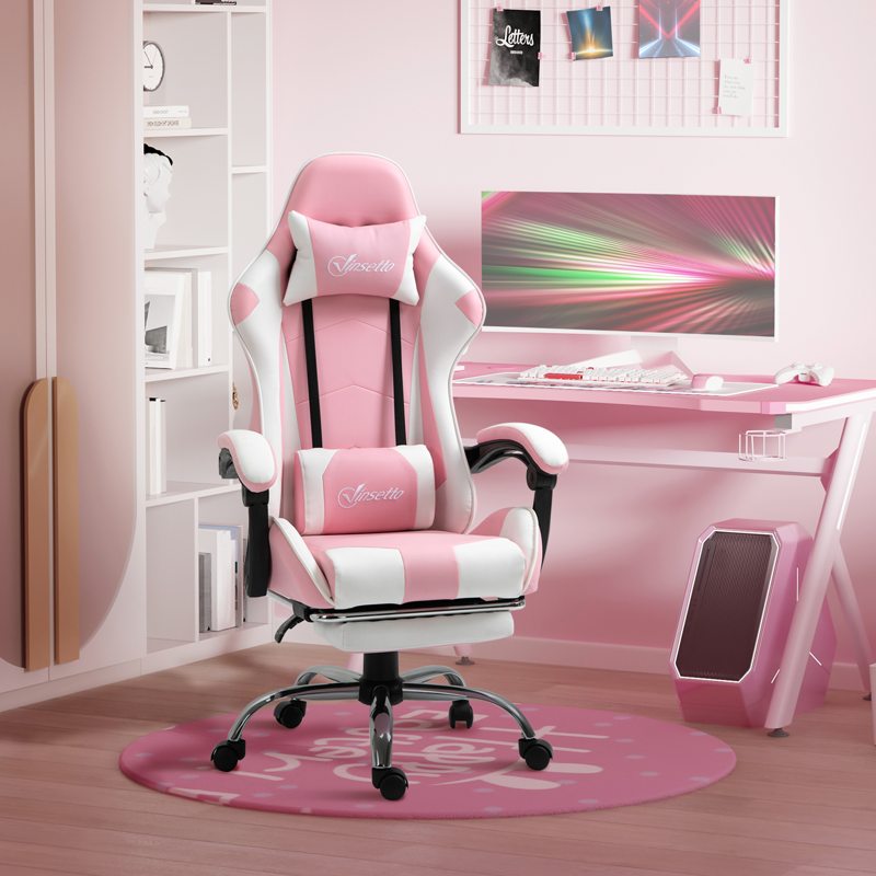 Vinsetto Pink Computer Gaming Chair, Desk Chair with 135° Reclining Back and Retractable Footrest, Adjustable PU Leather Lumbar Support and Headrest, Steel Base for Adults, Girls