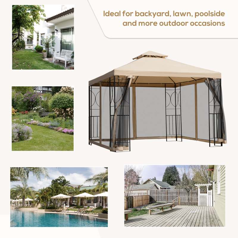 Outsunny 3(m) x 3(m) Garden Gazebo, Double Roof Outdoor Gazebo Canopy Shelter with Netting, Solid Steel Frame for Garden, Lawn, Backyard and Deck