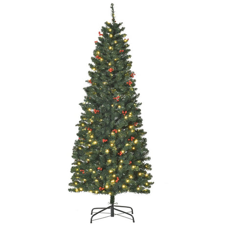 HOMCOM 6FT Prelit Artificial Pencil Christmas Tree with Warm White LED Light, Red Berry, Holiday Home Xmas Decoration, Green