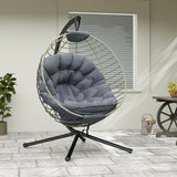 Outsunny PE Rattan Swing Chair, Outdoor Hanging Chair with Metal Stand, Thick Padded Cushion, Foldable Basket and Cup Holder, for Indoor and Outdoor, Grey