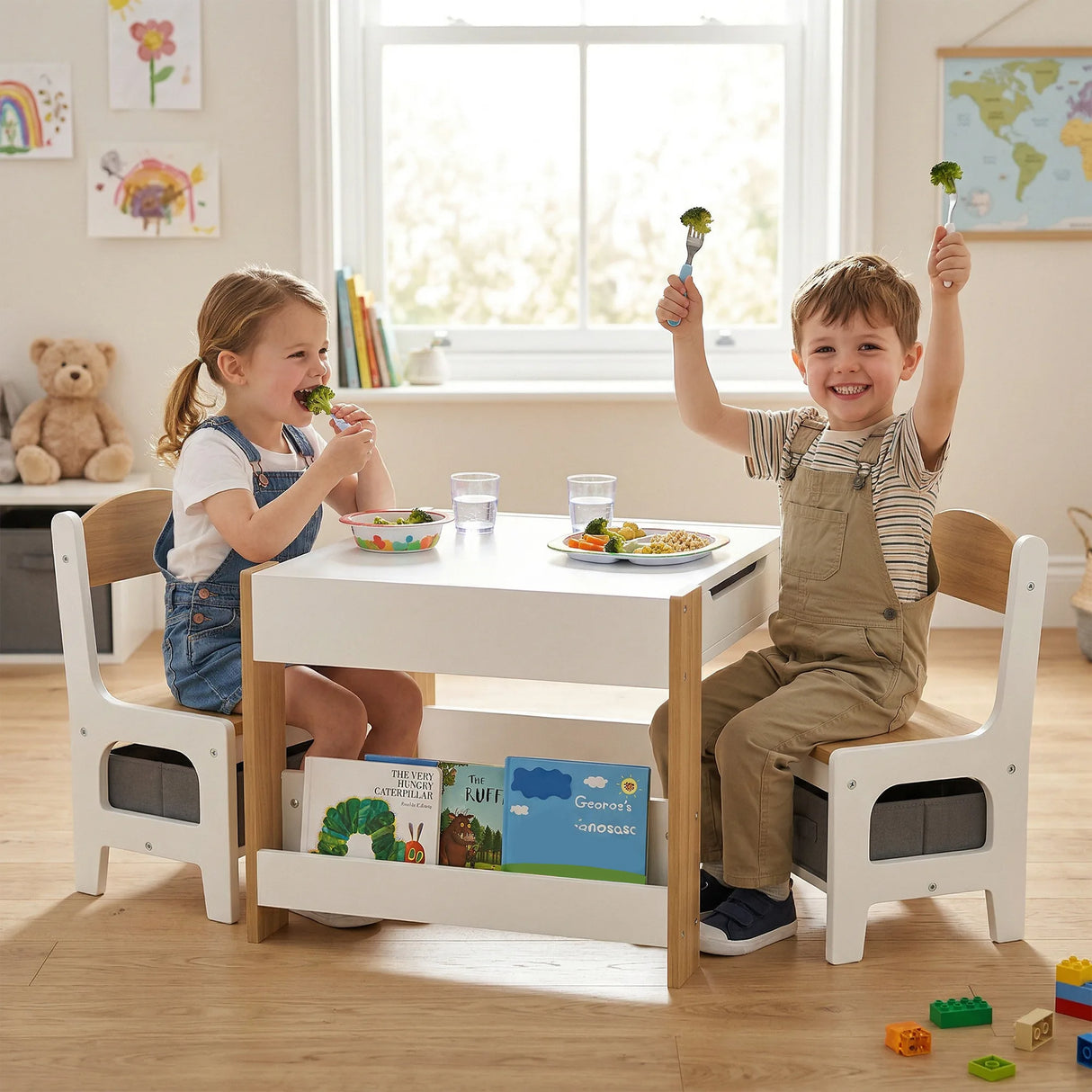 HOMCOM Three-Piece Kids Table and Chair Set with Blackboard, Storage, Bookshelves - Natural Wood