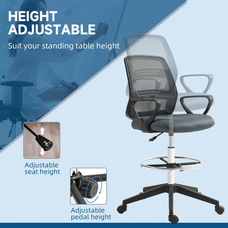Vinsetto 102.5-126cm Draughtsman Office Chair, with Footrest - Grey
