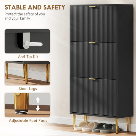 HOMCOM Elegant Three-Drawer Shoe Cabinet - Black