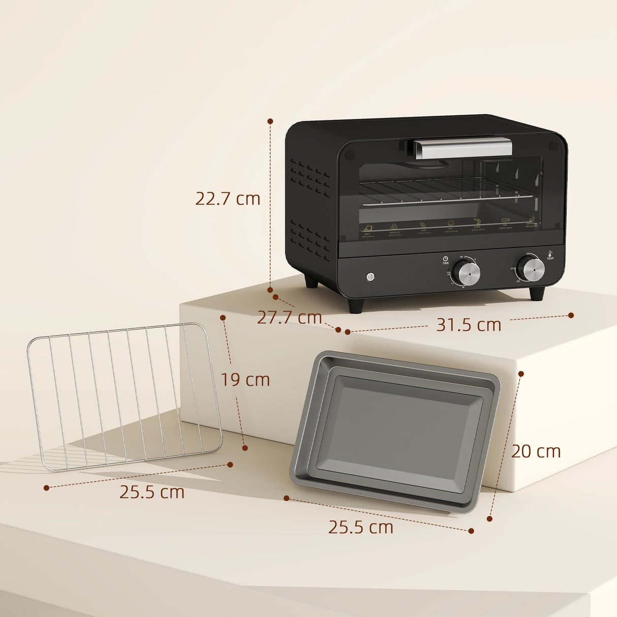 HOMCOM Small Toaster Oven, 12L Multifunction Mini Countertop Oven with Glass Door, Adjustable Temperature and Timer, Black