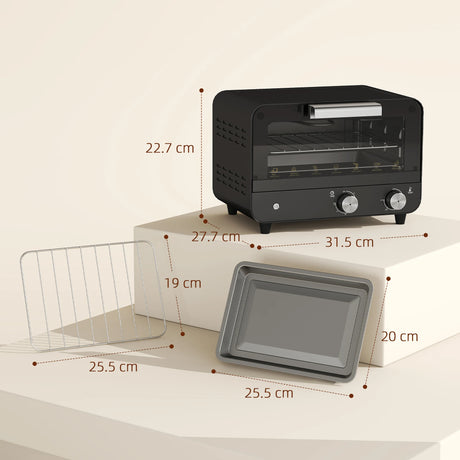 HOMCOM Small Toaster Oven, 12L Multifunction Mini Countertop Oven with Glass Door, Adjustable Temperature and Timer, Black