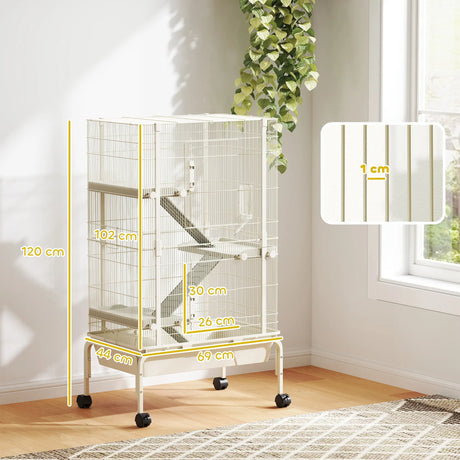 PawHut 4-Level Rolling Small Animal Cage, Rabbit Cage with 3 Ramps, Water Bottle, Food Dish, 15cm Deep Tray, Beige