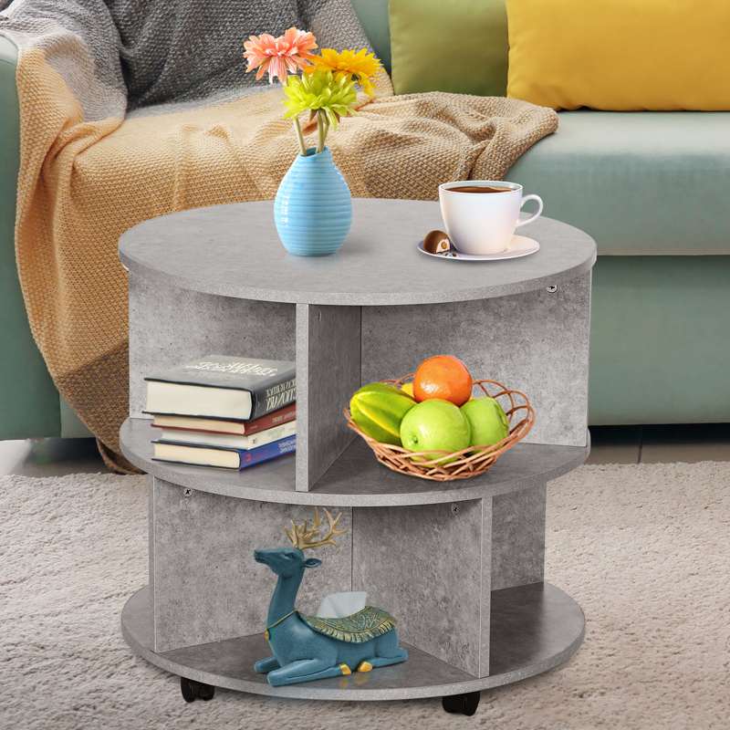 HOMCOM Round Coffee Table with Wheels, 3-Tier Rolling Side Table for Living Room with Divided Shelves, Cement Colour