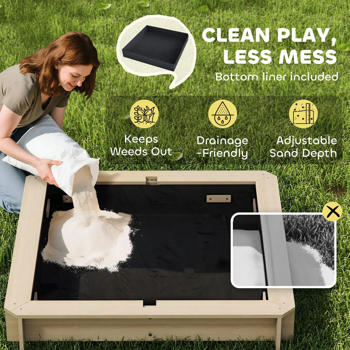 Outsunny Kids Square Wooden Sandpit, Children Sandbox Outdoor Playset