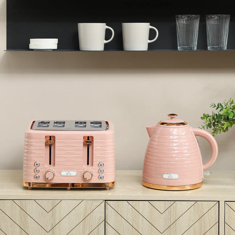 HOMCOM 3000W 1.7L Kettle & 4 Slice Toaster, Kettle and Toaster Set with 7 Browning Controls and Crumb Tray, Light Pink