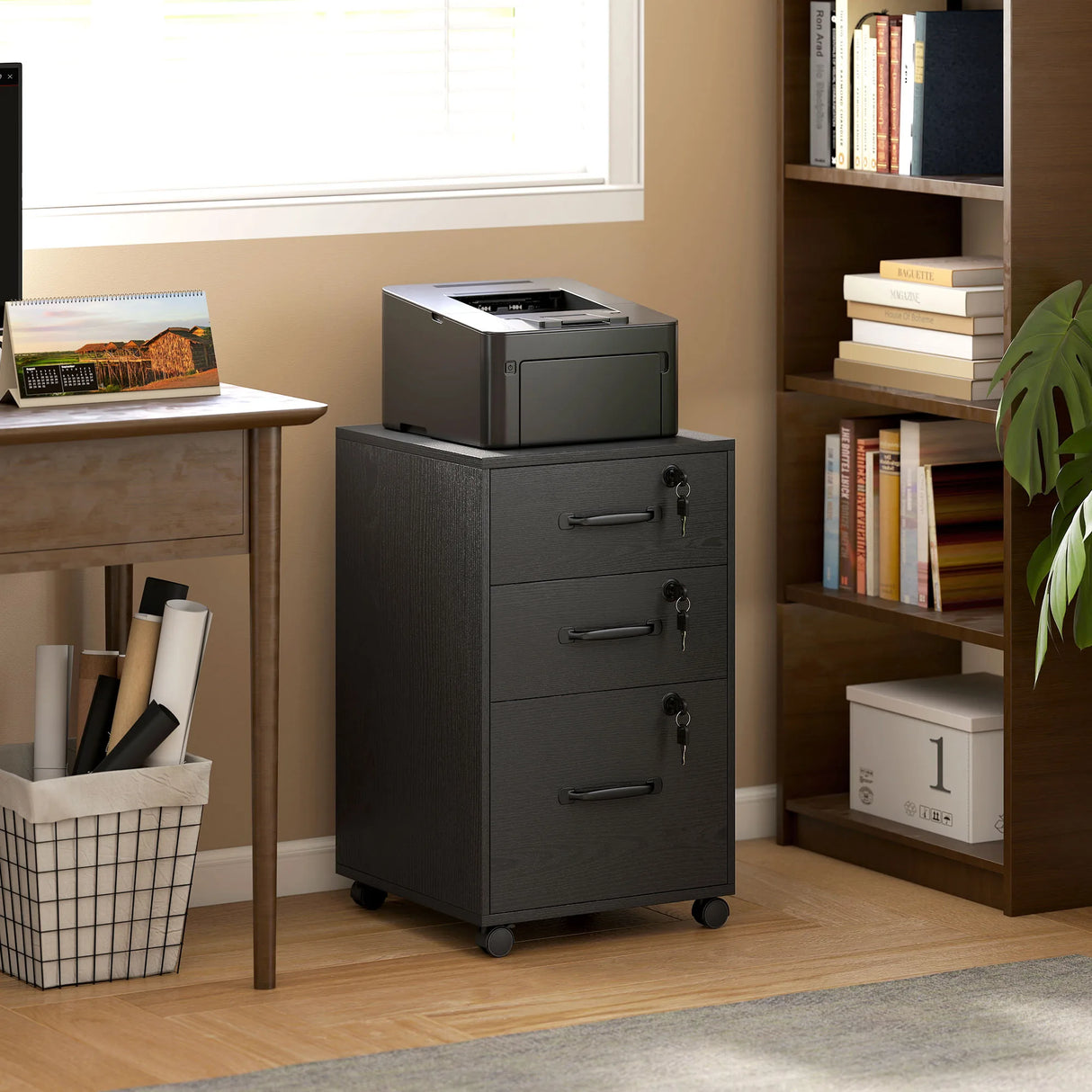 HOMCOM Three Drawer Wood-Effect Filing Cabinet - Black