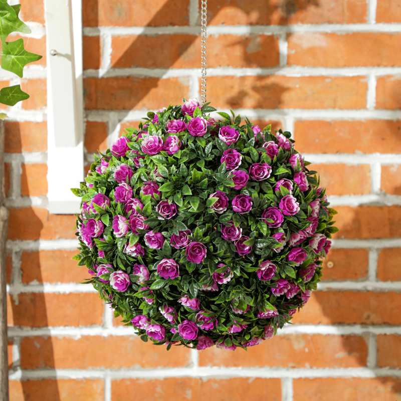 HOMCOM Set of 2 Decorative Artificial Plants, UV-protected Artificial Plant Topiary Rose Balls, Fake Plants for Home Indoor outdoor Decor, 28cm, Purple