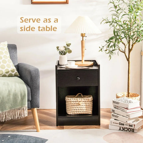 Set of 2 Nightstand with 1 Drawer and Storage Compartment
