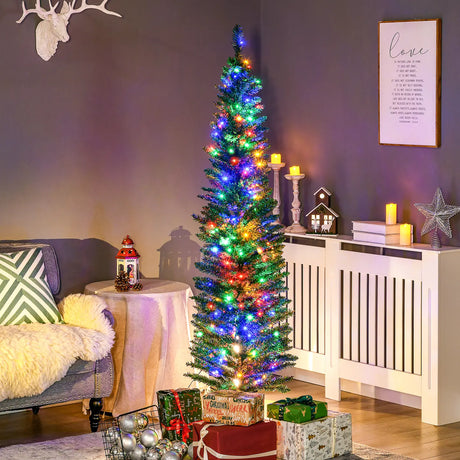 HOMCOM 6' Artificial Prelit Christmas Trees Holiday Dcor with Colourful LED Lights, Pencil Shape, Steel Base