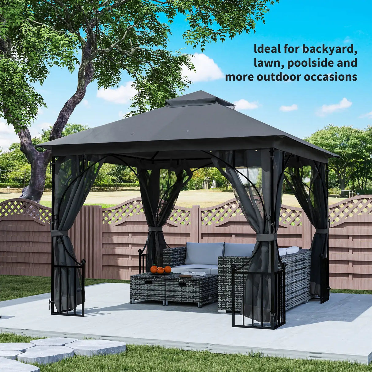 Outsunny 3 x 3m Garden Gazebo Patio Party Tent Shelter Outdoor Canopy Double Tier Sun Shade with Metal Frame and Netting, Dark Grey