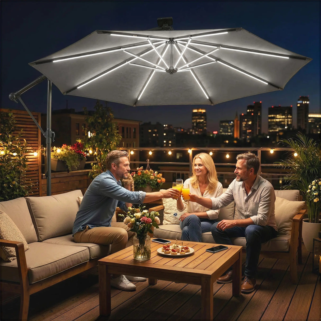 Outsunny 3 m Garden Cantilever Parasol with LED Solar Light, Round Overhanging Umbrella with 360 Rotation, Cover, Grey