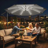 Outsunny 3 m Garden Cantilever Parasol with LED Solar Light, Round Overhanging Umbrella with 360 Rotation, Cover, Grey