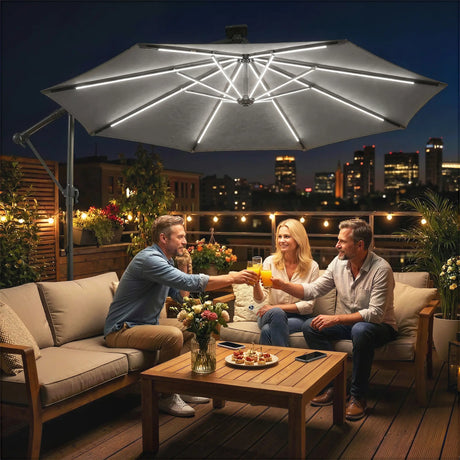 Outsunny 3 m Garden Cantilever Parasol with LED Solar Light, Round Overhanging Umbrella with 360 Rotation, Cover, Grey