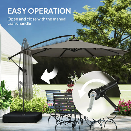 Outsunny 3 m Garden Cantilever Parasol with Cross Base, Sandbag, 360 Rotating Overhanging Banana Umbrella, Grey