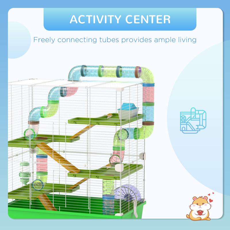 PawHut Hamster Cage w/ Water Bottle, Exercise Wheel, Tubes, Ramps - Green