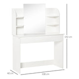 HOMCOM Modern Dressing Table Writing Desk W/ Mirror, Big Drawers, 2-Tier Open Shelf For Home Bedroom White
