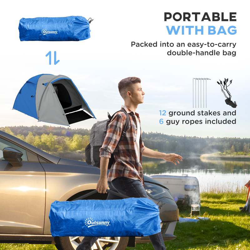 Outsunny Two-Man Dome Tent, with Front Porch and Accessories - Blue/Grey