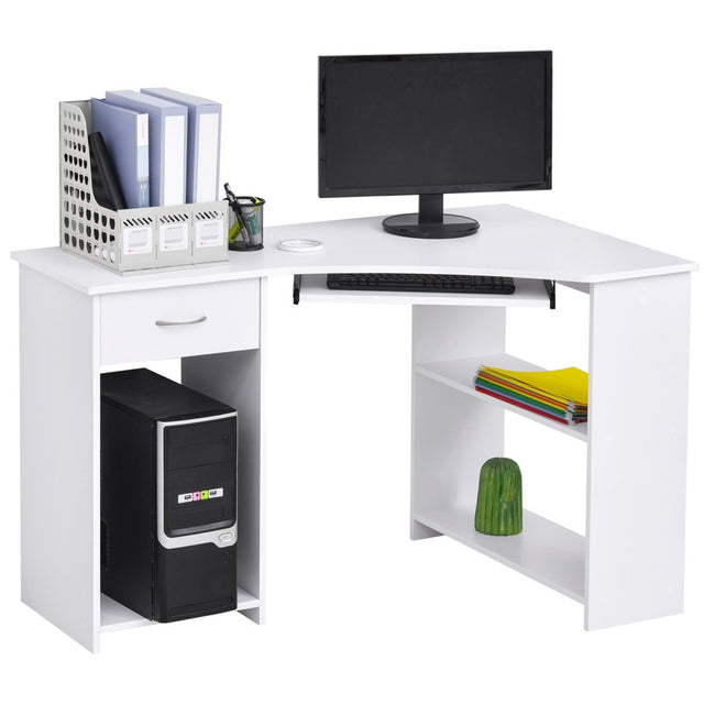 HOMCOM L-Shaped Corner Computer Desk w/ 2 Shelves Wide Worktop Keyboard Tray Drawer & CPU Stand Home Office Study Bedroom Furniture White