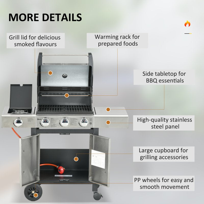 Outsunny Gas Barbecue Grill 3+1 Burner Garden Smoker BBQ Trolley w/ Side Burner Warming Rack Side Shelves Storage Cabinet Piezo Ignition Thermometer Stainless Steel + Metal