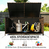 Outsunny 650L Garden Storage Box with 2 Wheels, Rattan Deck Box with Waterproof Zipped Liner, Safe Pneumatic Rods, Mixed Brown