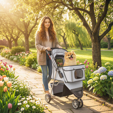 PawHut Dog Stroller, 3 Wheels Foldable Pet Stroller with Adjustable Canopy, Storage Basket for Small Mini Breeds, Grey