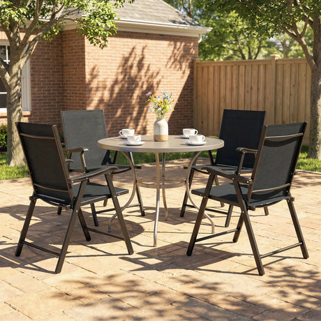 Outsunny Folding Garden Chairs Set of 4, Foldable Garden Dining Chairs with High Back, Armrests, Texteline Seat, Black
