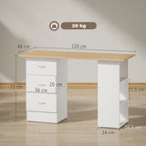 HOMCOM Computer Desk, Writing Table, PC Workstation with 3 Storage Shelves and Drawers, Silver Handle, for Home Office, Natural Wood Finish and White