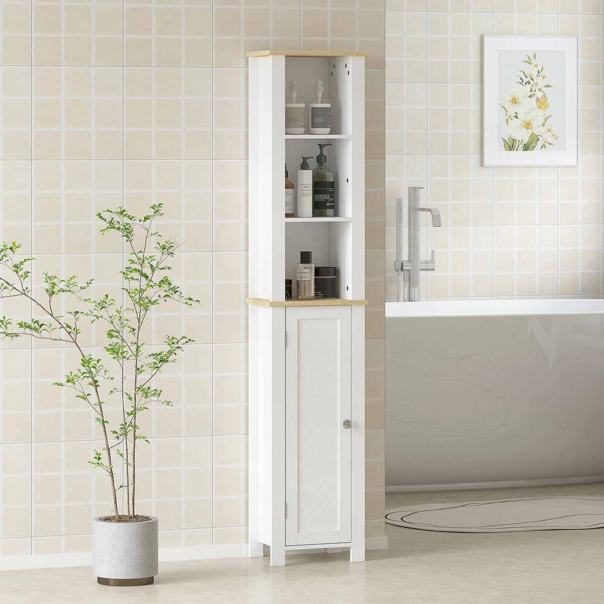 kleankin Slim Bathroom Storage Unit with Open Compartment, Bathroom Storage Cabinet with Adjustable Shelf, 34 x 23 x 165 cm, White