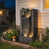 Outsunny Water Feature with LED Lights and Planter, 3-Tier Garden Water Fountain with Pump, Resin Waterfall Feature, Dark Grey