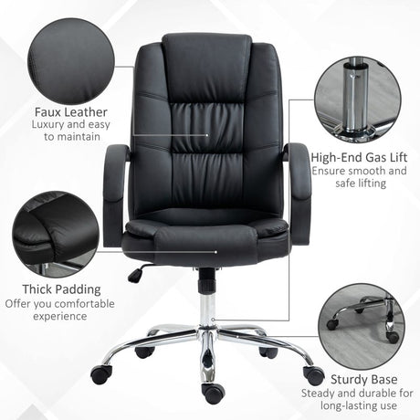 Vinsetto Office Chair, PU Leather Desk Chair with 13cm Soft Padded Seat and Backrest, Swivel Chair with Adjustable Height and Rolling Wheels, Black