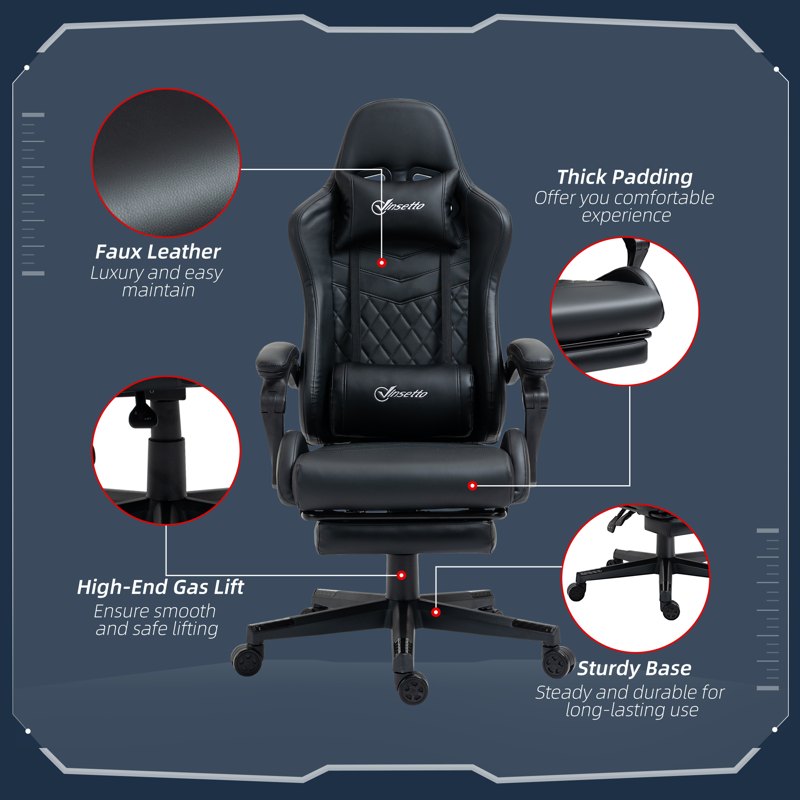 Vinsetto Computer Gaming Chair with Footrest, Video Gaming Chair for Adults with 130° Reclining Back, Desk Chair with Lumbar Support and Adjustable Height, Black