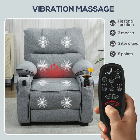 HOMCOM Electric Massage Recliner Armchair with Vibration, Heat, Whisper-Quiet Motor, Memory Function, Velvet Power Reclining Chair with Spring Pack, USB Port, Footrest, Side Pocket, Cup Holders, Grey