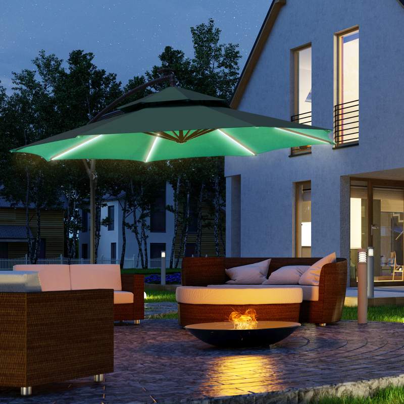 Outsunny 3m LED Light Overhanging Parasol - Green