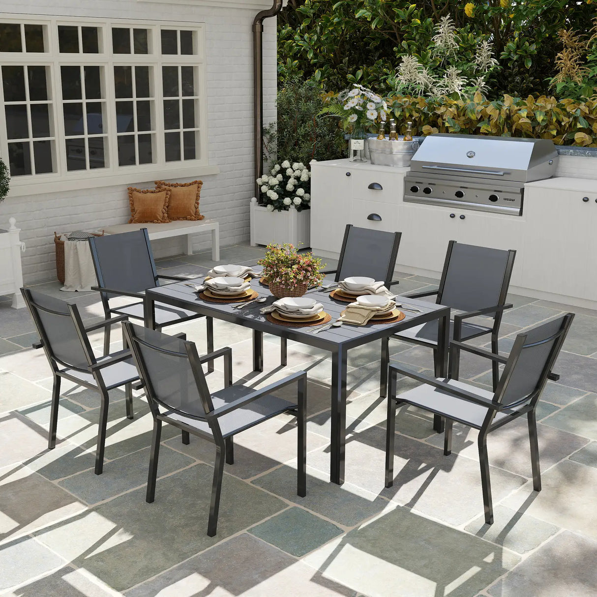 Outsunny 7 Piece Garden Dining Set, Outdoor Furniture Set with 6 Stackable Chairs and 150 cm Rectangle Table, WPC Slatted Top, Rust-Resistant Steel Frame, for Garden, Porch, Terrace