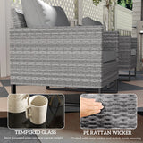 Outsunny 3 Pieces Rattan Bistro Set with 4 Cushions, Wicker Garden Furniture Set, Glass Top Coffee Table and Chairs for Outdoor Patio, Balcony, Terrace and Conservatory, Grey