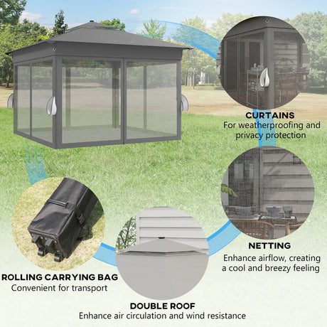 Outsunny 3.36 x 3.36m Pop Up Gazebo Party Tent with Solar-Powered LED Lights, Adjustable Event Shelter with Netting, Grey